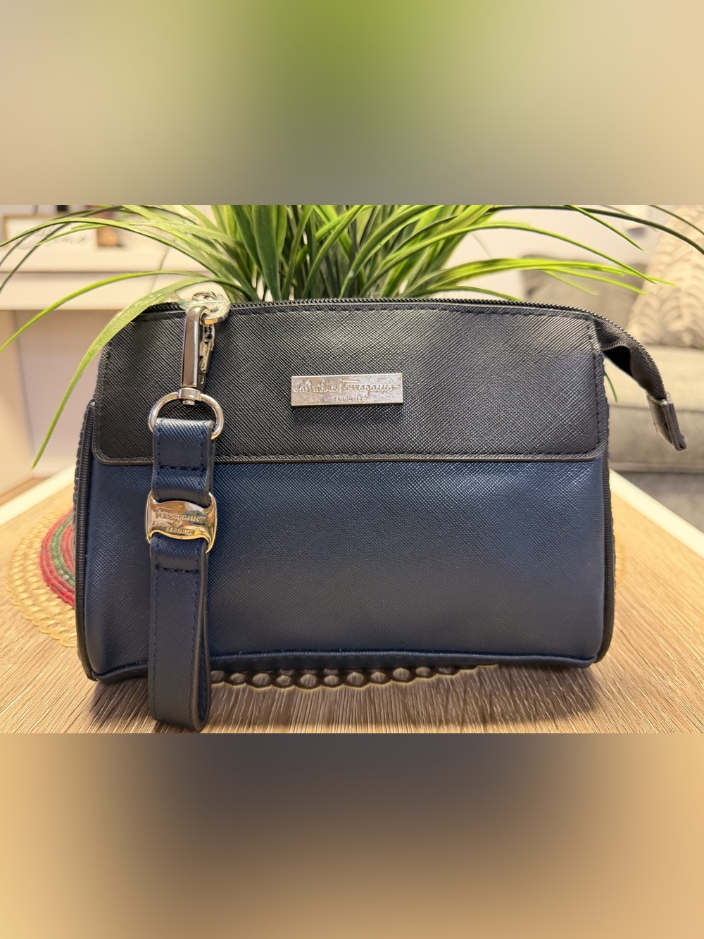 Salvatore Ferragamo x EVA Air Black & Navy Saffiano Wristlet Pouch Case